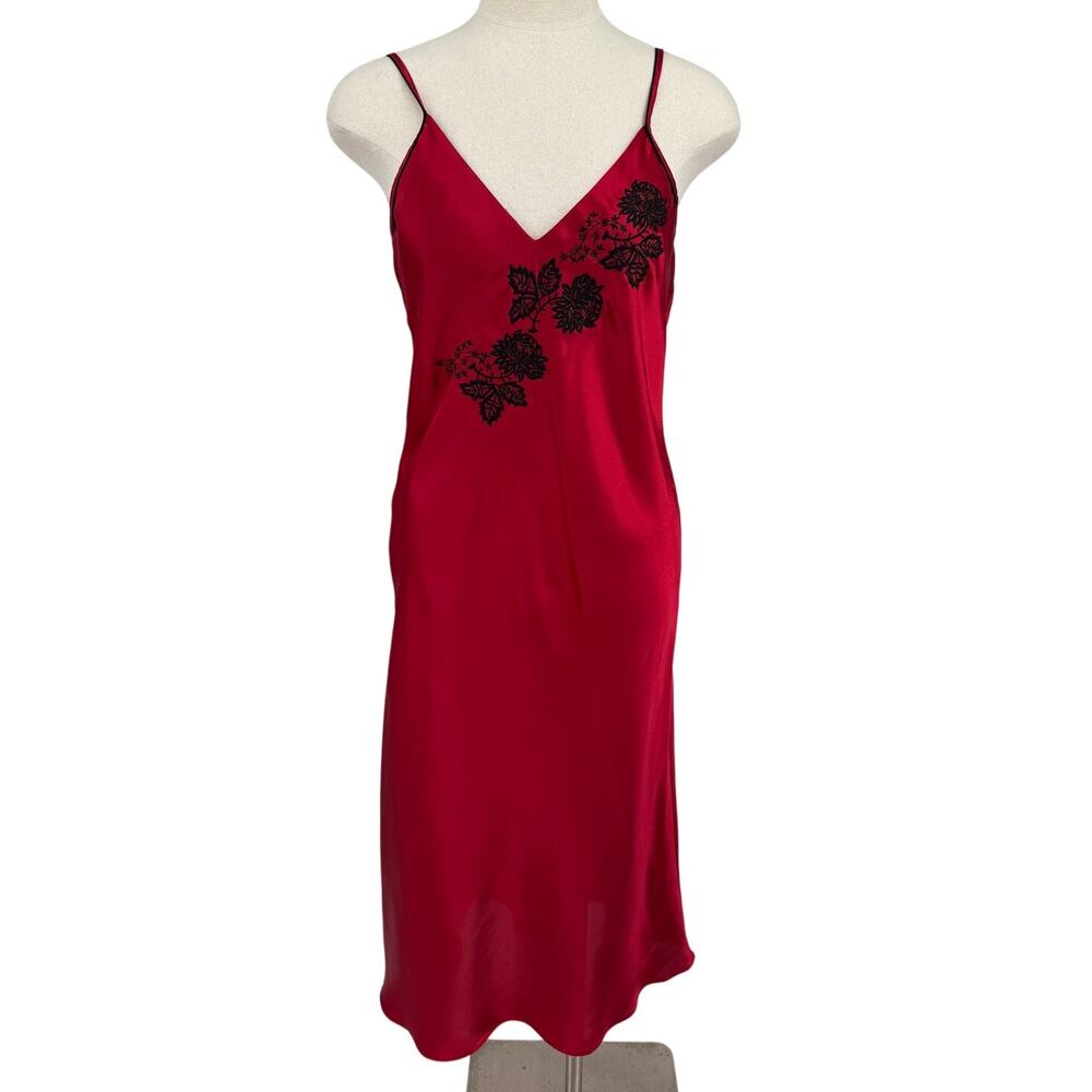 Red Satin V Neck V Back Bias Cut Midi Slip Dress Chemise Nightgown M 90s Vintage